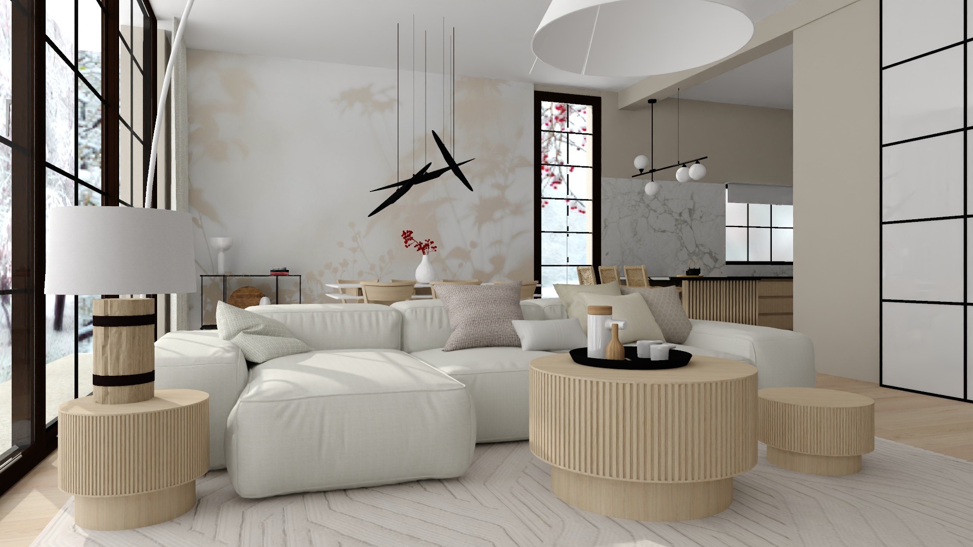 Wizualizacja salonu z białym narożnikiem, okrągłymi stolikami kawowymi z lamelami, lampą podłogową z drewnianą podstawą i dużymi oknami z widokiem na zimowy krajobraz. Na ścianie subtelny wzór...
