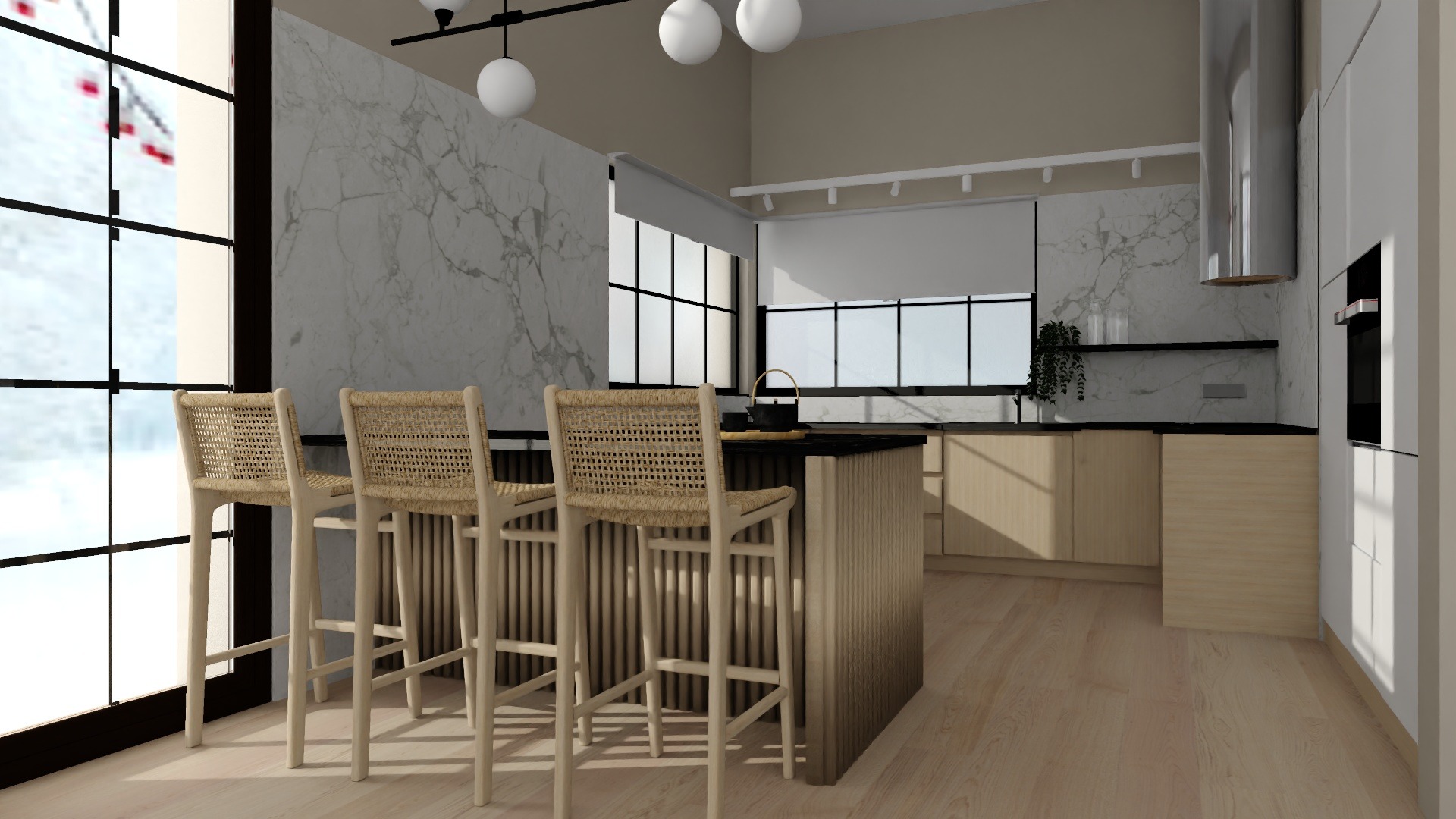 Wizualizacja nowoczesnej kuchni z wyspą i trzema hokerami z plecionymi oparciami, marmurową ścianą i dużymi oknami z czarnymi ramami.