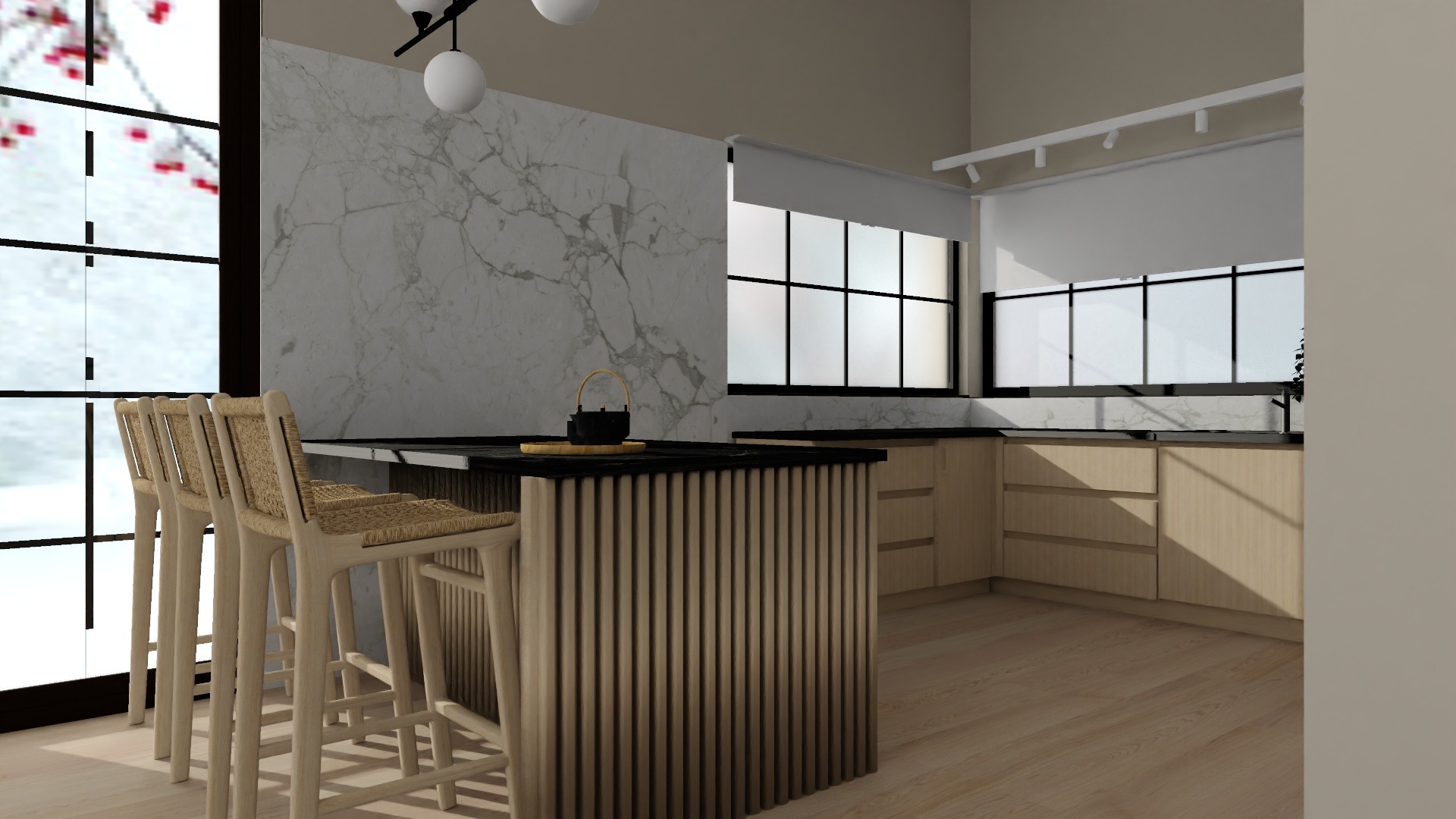 Wizualizacja jasnej kuchni z wyspą i trzema hokerami z plecionymi siedziskami, marmurowa ściana i duże okna z czarnymi ramami.