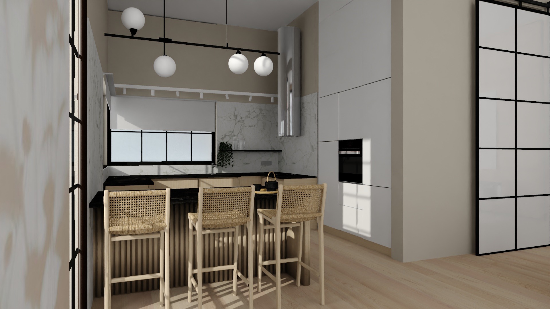 Wizualizacja kuchni z wyspą, krzesłami barowymi z rattanu, białymi szafkami i marmurową ścianą, oświetlona lampami kulami.