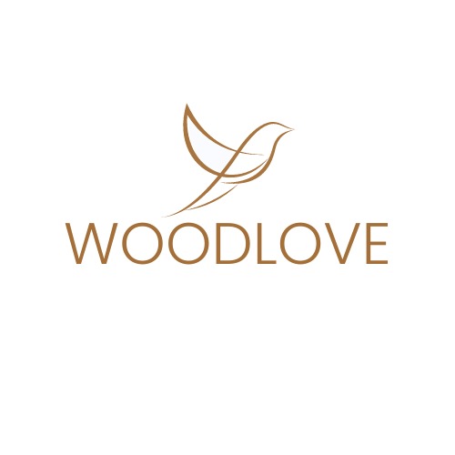 Logo firmy WOODLOVE przedstawiające stylizowanego ptaka w kolorze brązowym.