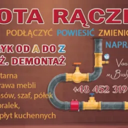 Grafika reklamowa firmy 'Złota Rączka' z Białegostoku, oferującej szeroki zakres usług, w tym elektryczne, sanitarne, montaż mebli, z wizerunkiem uśmiechniętego hydraulika z kluczem nastawnym...