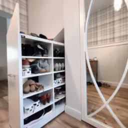 Biała szafa wnękowa z półkami na buty, zintegrowana z drzwiami z owalnym lustrem, widoczna na drewnianej podłodze, z odbiciem pokoju w lustrze.