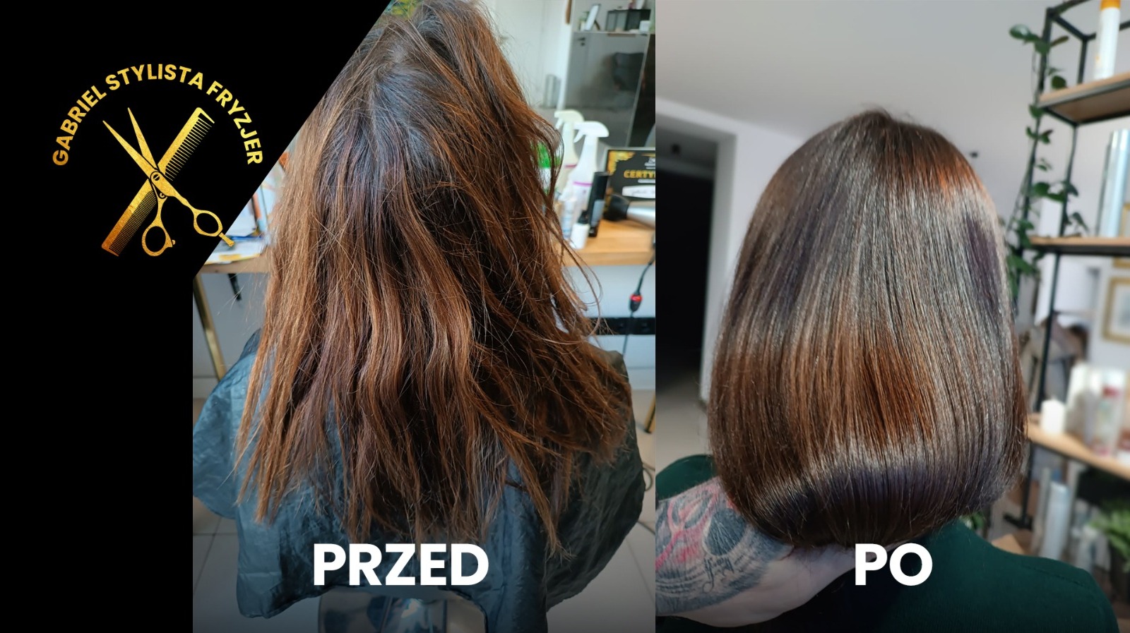 Porównanie włosów 'przed i po' zabiegu rekonstrukcji: matowe, zniszczone włosy po lewej stronie i gładka, lśniąca fryzura bob po prawej, widoczny tatuaż na szyi.