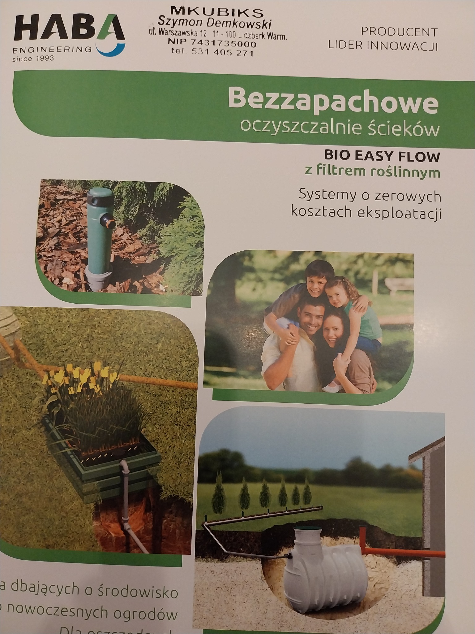 Folder reklamowy firmy HABA prezentujący bezapachowe oczyszczalnie ścieków BIO EASY FLOW z filtrem roślinnym, systemy o zerowych kosztach eksploatacji, z ilustracjami elementów instalacji...