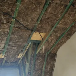 Ocieplenie poddasza wełną mineralną, widoczne drewniane belki konstrukcyjne w kolorze zielonym, białe sznurki podtrzymujące izolację oraz otwór rewizyjny z klapą.