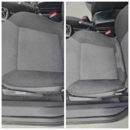 Pranie tapicerki - Porównanie fotela samochodowego przed i po czyszczeniu, widoczne różnice w odcieniu i usunięcie plam z tapicerki.