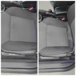 Porównanie fotela samochodowego przed i po czyszczeniu, widoczne różnice w odcieniu i usunięcie plam z tapicerki.