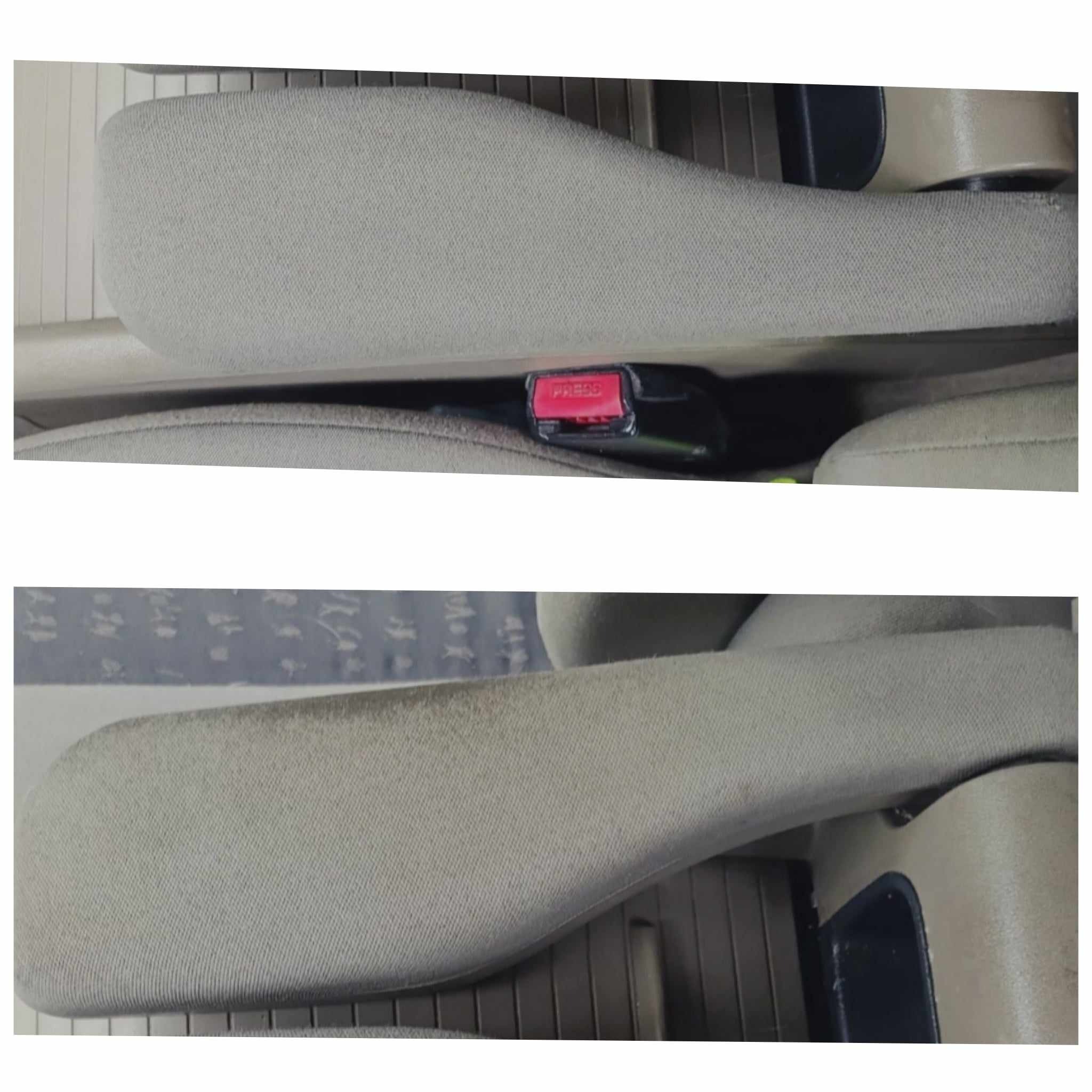 Dwa ujęcia beżowego podłokietnika samochodowego, pierwsze z widocznym przyciskiem z napisem 'PRESS', drugie z widocznymi zabrudzeniami na tapicerce.