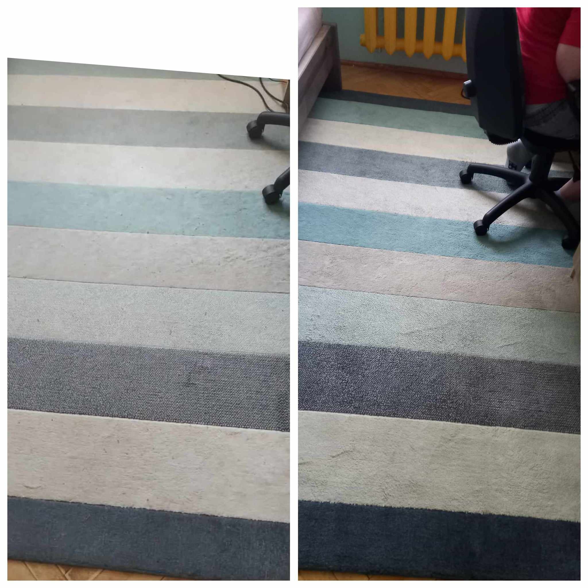 Fragment dywanu w poziome pasy przed i po czyszczeniu, widoczna różnica w jasności i czystości włókien.