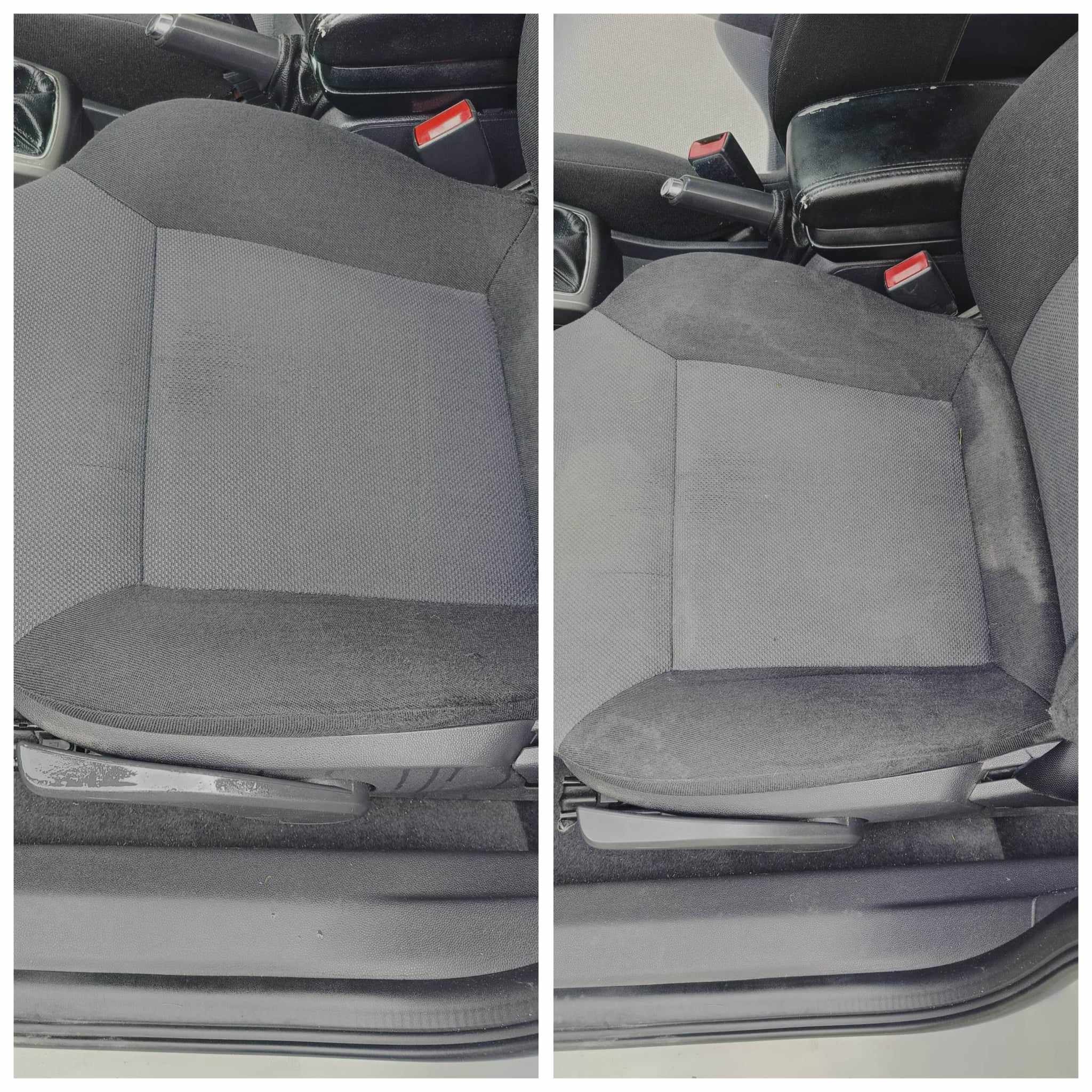 Porównanie fotela samochodowego przed i po czyszczeniu, widoczne różnice w odcieniu i usunięcie plam z tapicerki.