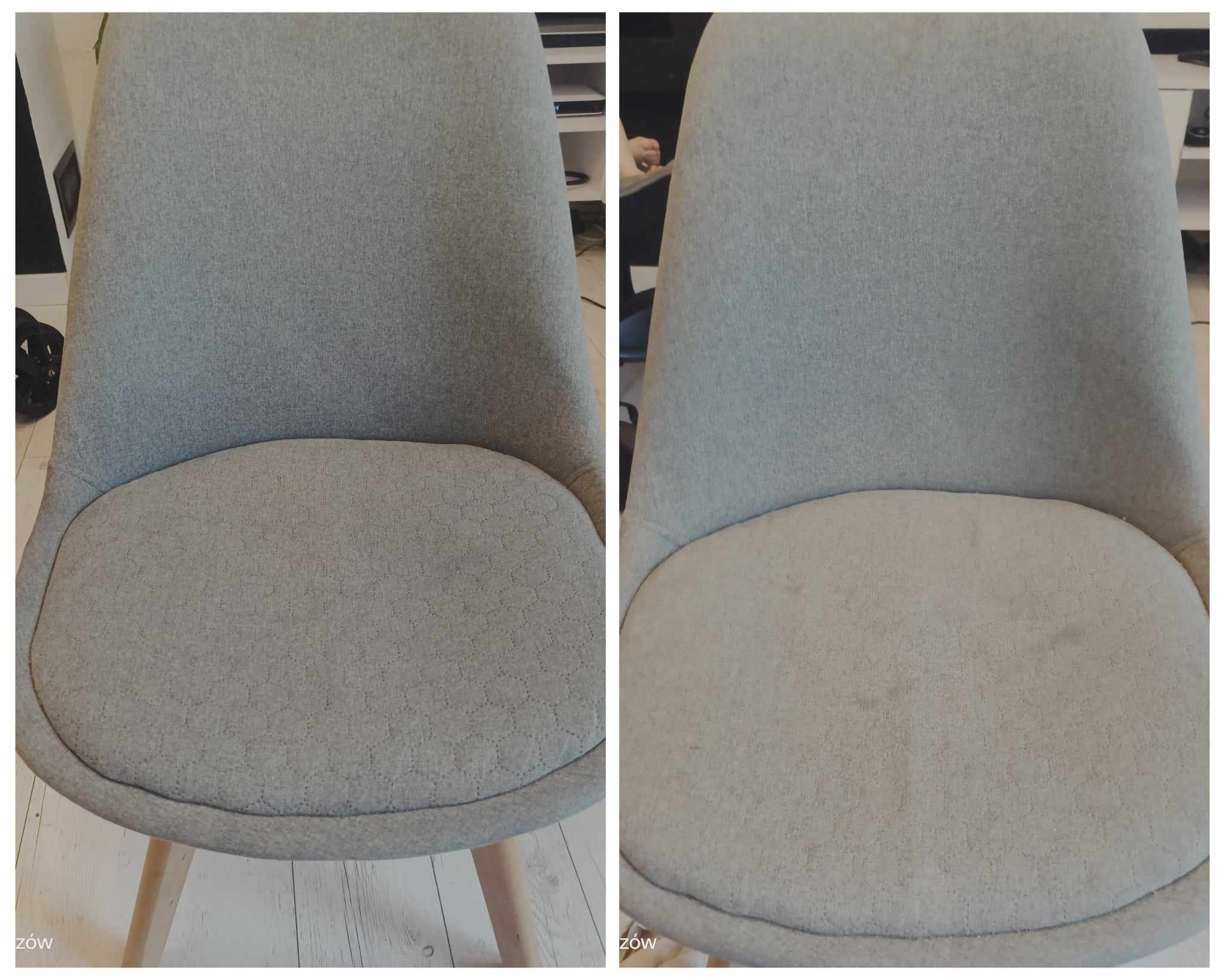Krzesło tapicerowane przed i po czyszczeniu, widoczne różnice w kolorze i usunięcie zabrudzeń na siedzisku.