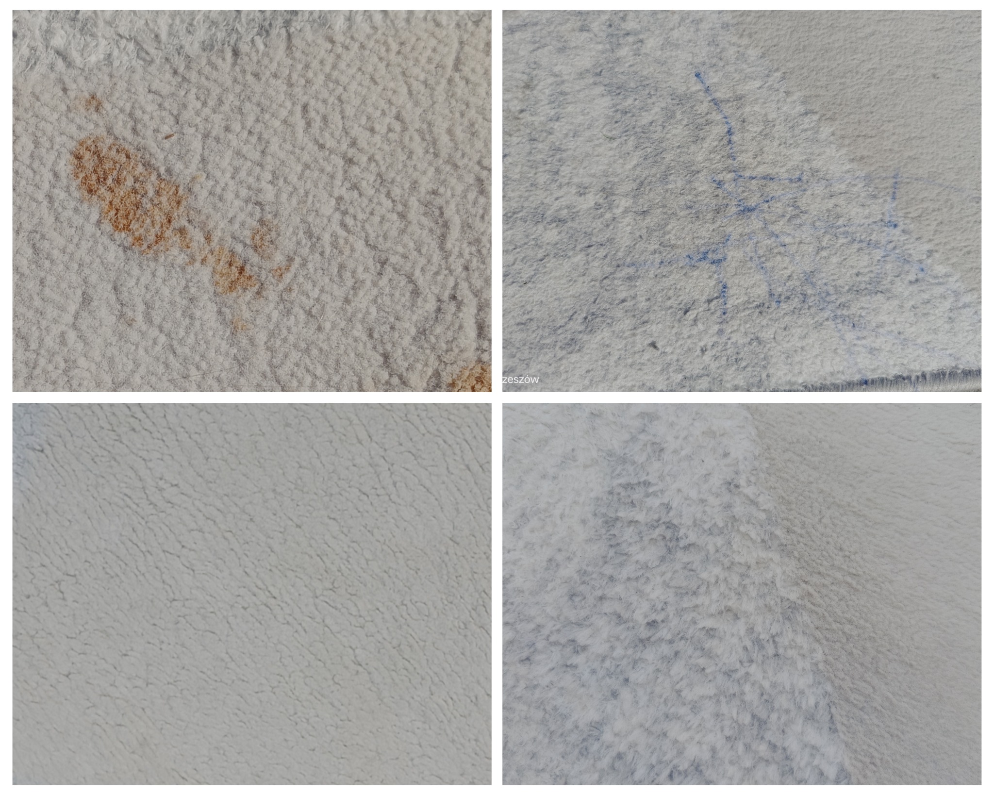 Zbliżenie na fragment jasnej tapicerki z widocznymi plamami i zabrudzeniami, w tym brązowa plama i ślady niebieskiego tuszu.