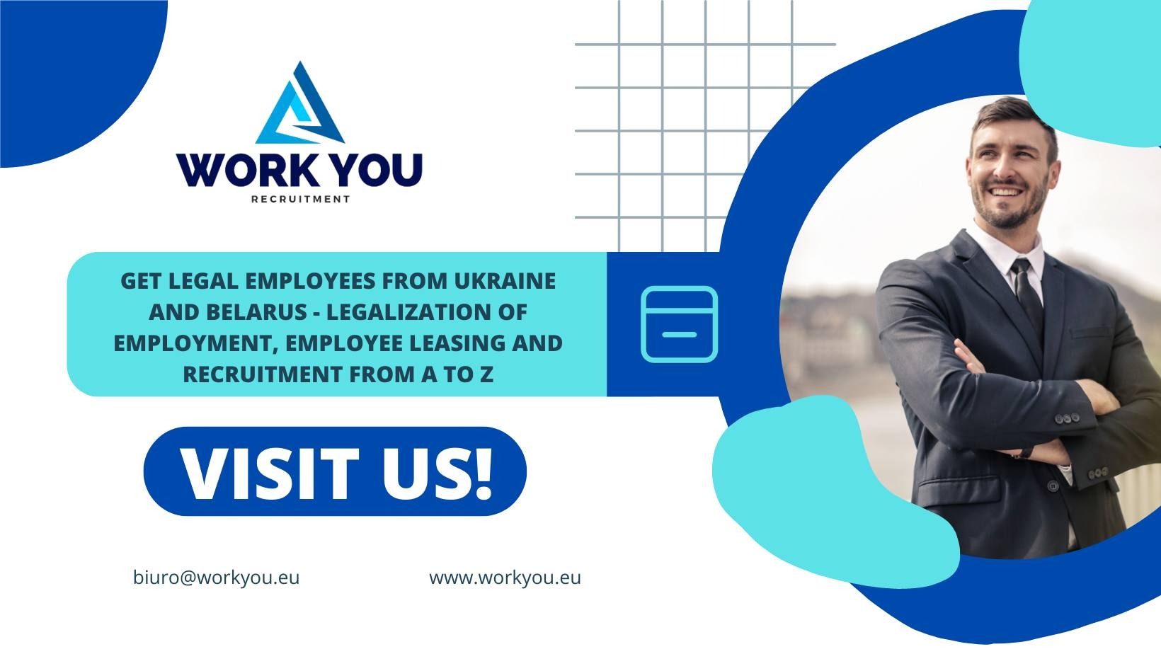 Grafika reklamowa firmy rekrutacyjnej z uśmiechniętym mężczyzną w garniturze na tle miejskiego krajobrazu, oferującej legalizację zatrudnienia pracowników z Ukrainy i Białorusi.