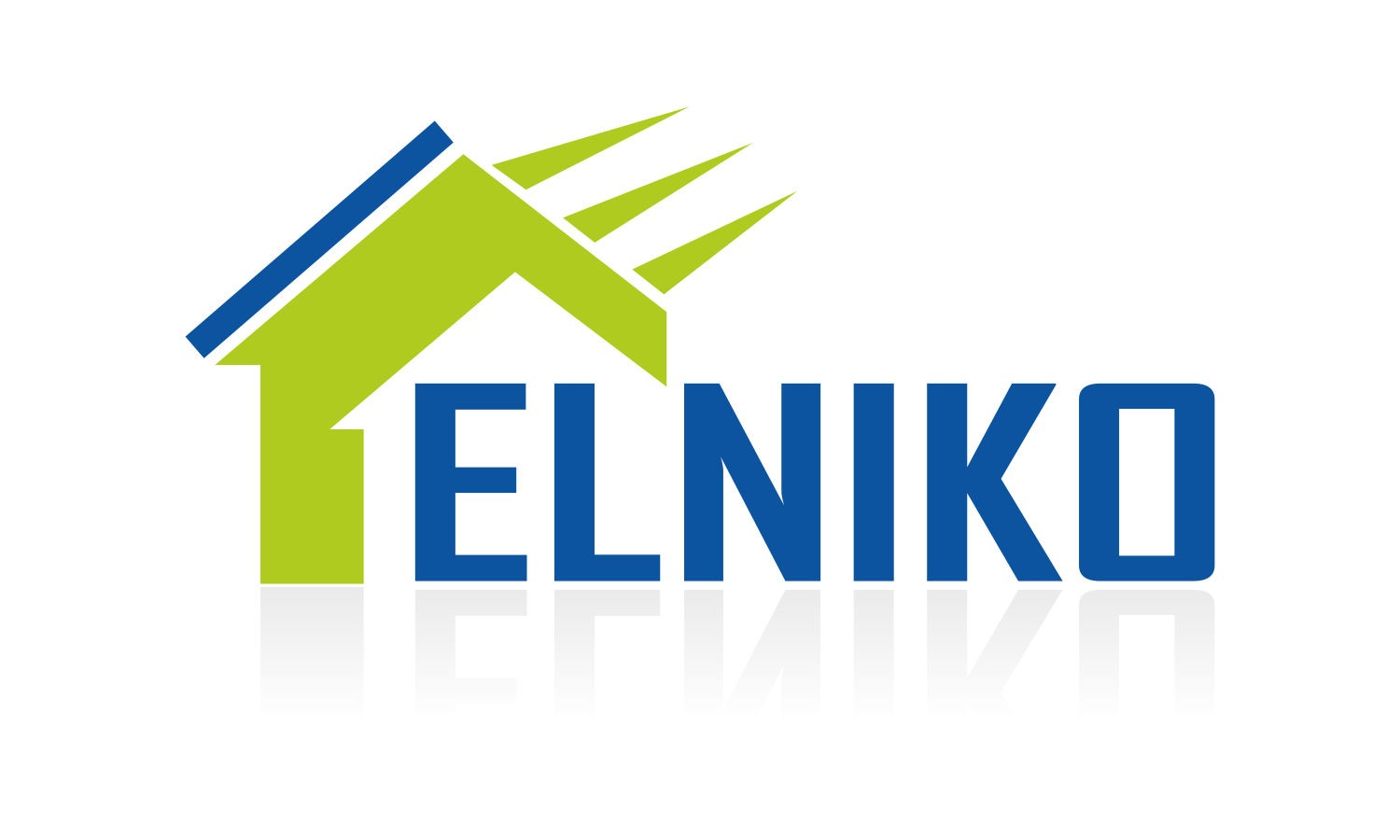 Logo firmy ELNIKO z symbolem domu i trzema promieniami słonecznymi w kolorach zieleni i błękitu, z odbiciem na białym tle.