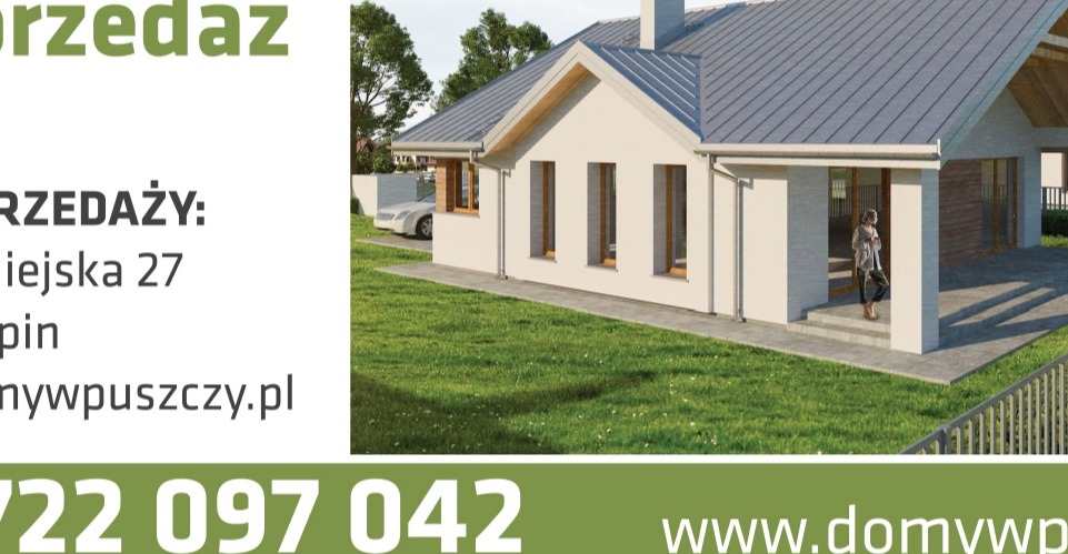 Wizualizacja domu jednorodzinnego z szarą dachówką i białymi ścianami, widoczna osoba wchodząca do budynku, samochód na podjeździe i fragment napisu 'Sprzedaż'.