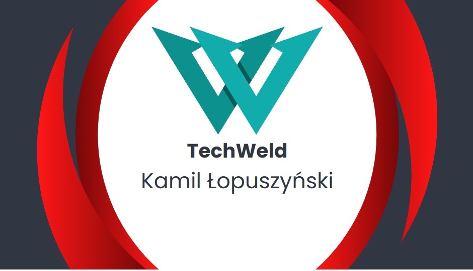 Logo firmy TechWeld Kamil Łopuszyński z abstrakcyjnym symbolem w kształcie litery W, otoczone czerwonymi i szarymi elementami graficznymi.