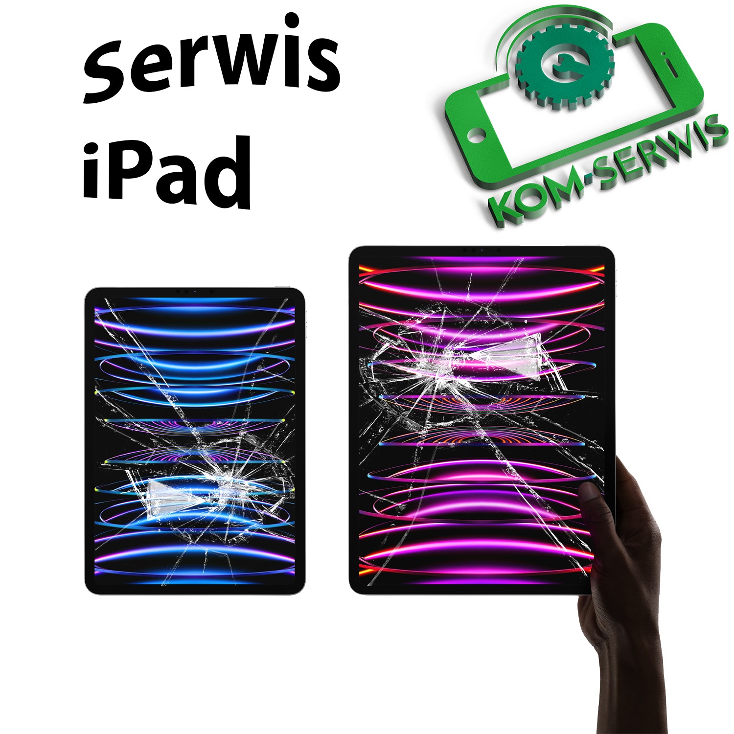 Dwa uszkodzone ekrany iPadów z pęknięciami, obok napis 'serwis iPad' i zielone logo KOM-SERWIS.