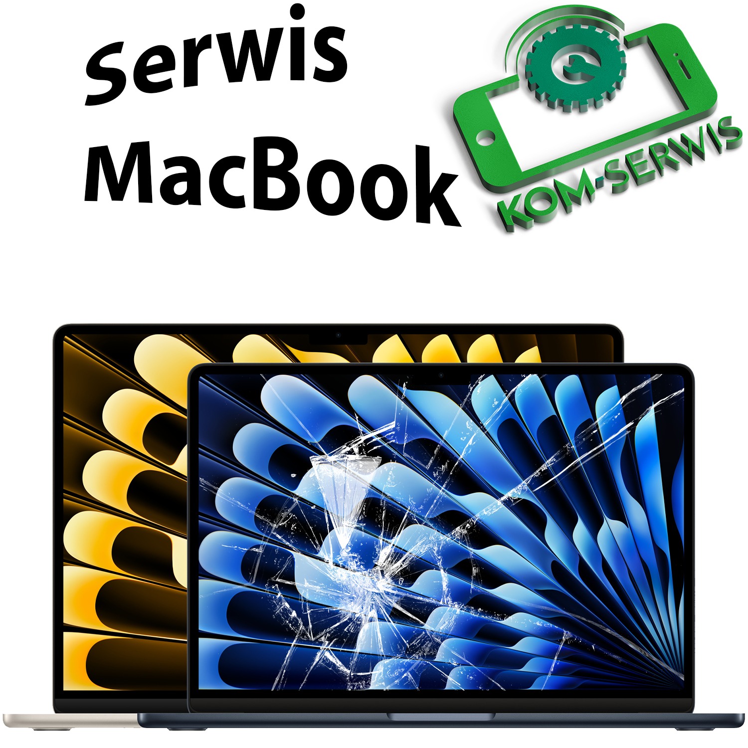Dwa laptopy MacBook: jeden z pękniętym ekranem z niebieskim wzorem, drugi z żółtym wzorem na ekranie. Nad nimi napis 'serwis MacBook' i logo serwisu komputerowego.