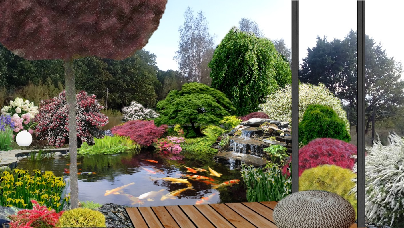 ogród podmiejski ze stawem i kaskadą