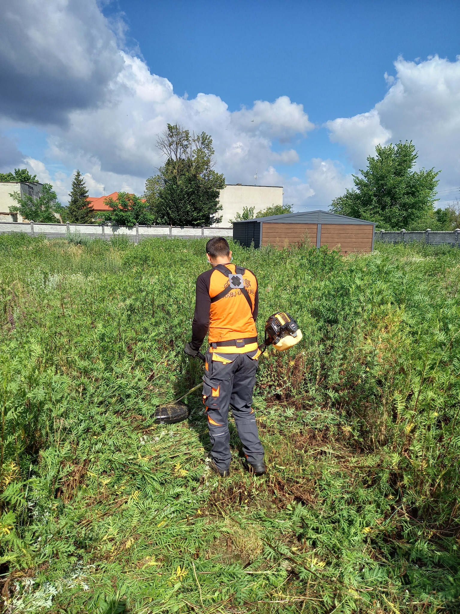 Pracownik w pomarańczowej kamizelce i szarych spodniach roboczych kosi wysoką trawę kosiarką spalinową na tle pochmurnego nieba i zabudowań.