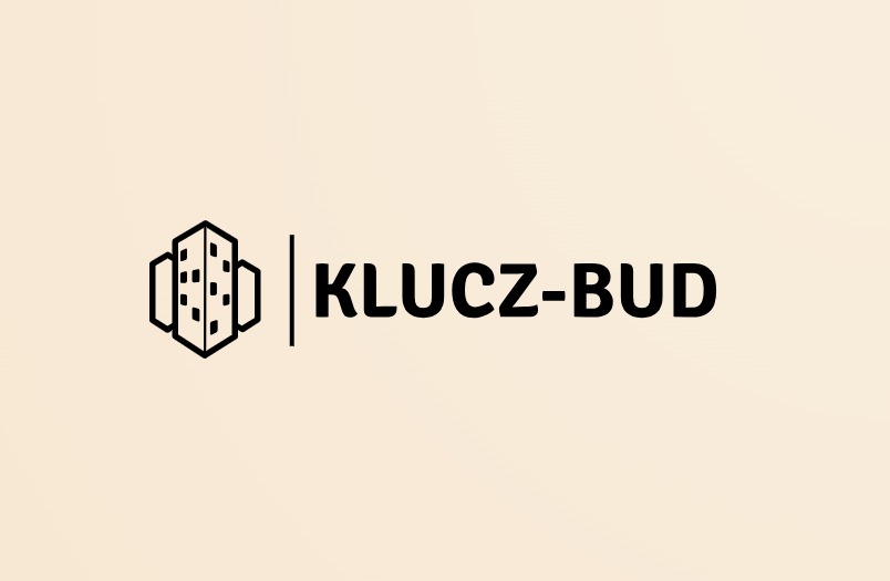 Logo firmy budowlanej KLUCZ-BUD z symbolem budynku w formie heksagonu z oknami.