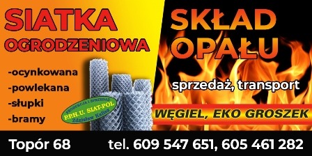 Reklama składu opału i producenta siatki ogrodzeniowej, z informacjami kontaktowymi i adresem.