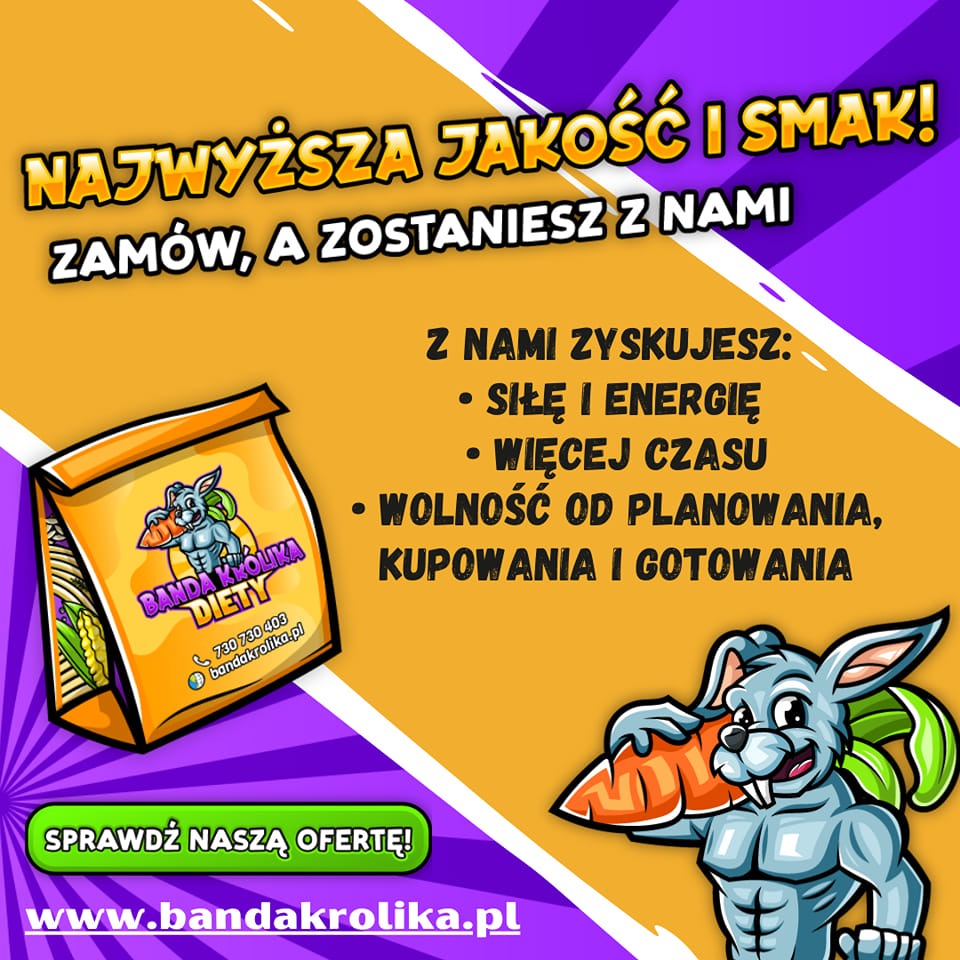 Grafika reklamowa z hasłem 'Najwyższa jakość i smak!' prezentująca logo firmy z królikiem trzymającym marchewkę oraz informacje o korzyściach z zamówienia, w lewym dolnym rogu adres strony...