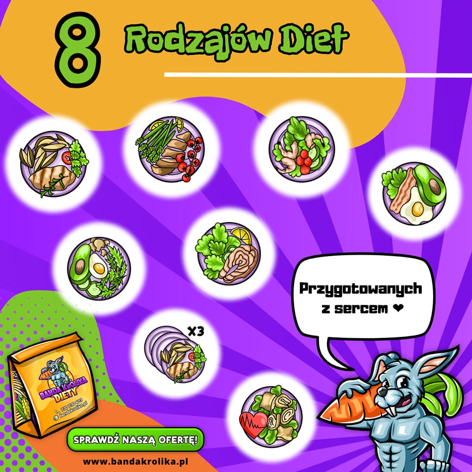 Grafika reklamowa cateringu dietetycznego Banda Królika, prezentująca osiem różnych diet w formie ilustracji talerzy z potrawami, z hasłem 'Przygotowanych z sercem' i wizerunkiem królika...