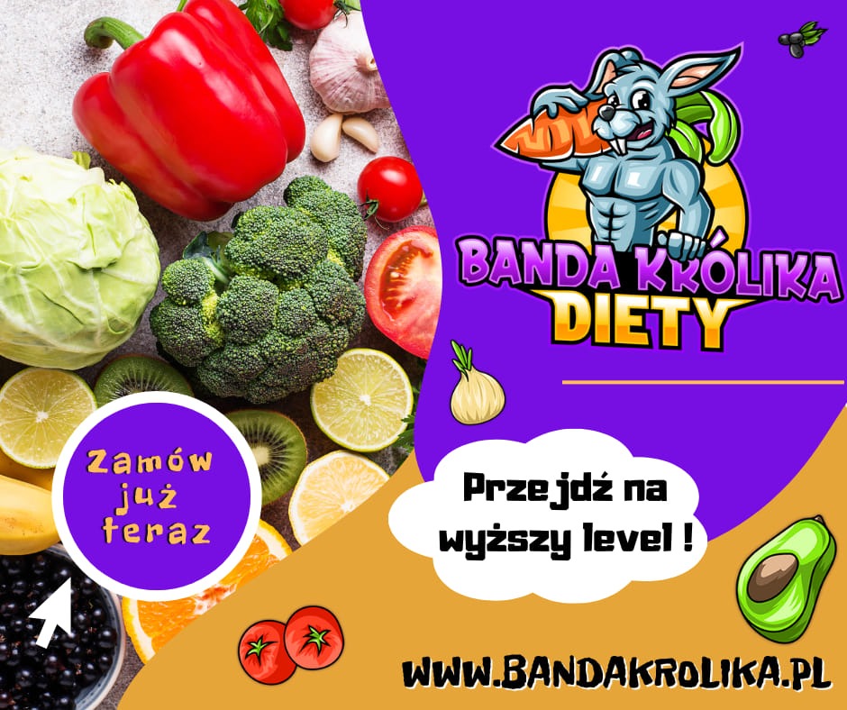 Kompozycja z warzyw i owoców, logo z królikiem trzymającym marchewkę, napisy 'Banda Królika Diety', 'Zamów już teraz' i adres strony internetowej.
