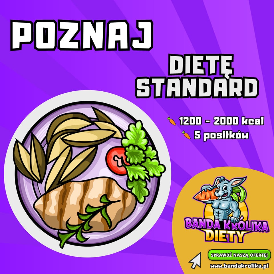 Grafika reklamowa diety: talerz z grillowaną piersią kurczaka, ćwiartką pomidora, zieloną sałatą i pieczonymi ziemniakami, obok informacje o kaloryczności i liczbie posiłków oraz logo firmy...