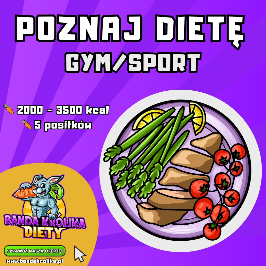 Grafika reklamowa diety dla sportowców: talerz z szparagami, kurczakiem i pomidorkami koktajlowymi, informacja o kaloryczności 2000-3500 kcal i 5 posiłkach, logo firmy z królikiem-kulturystą...