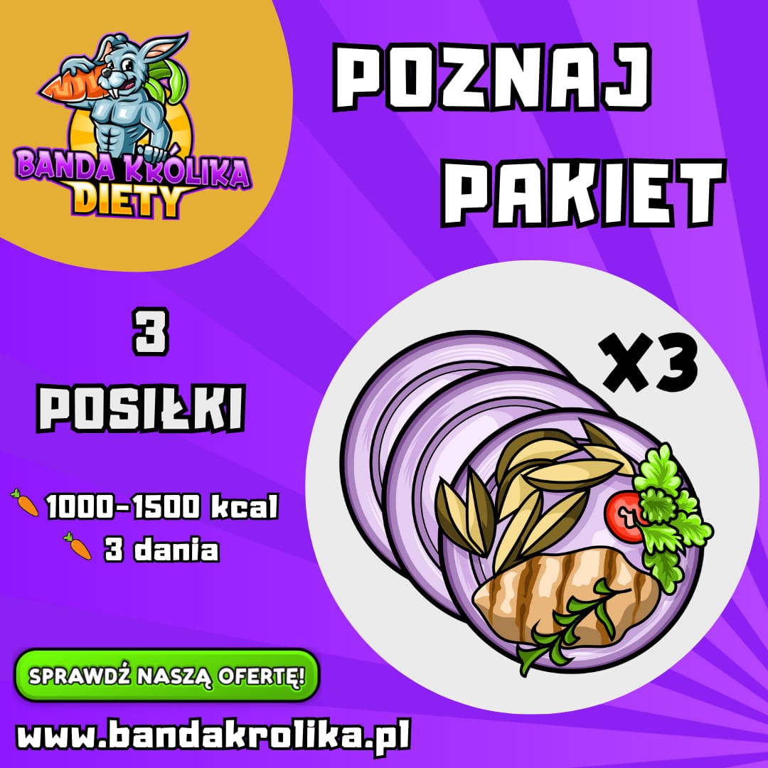 Grafika reklamowa pakietu 3 posiłków z oferty firmy z Duchnowa, z logo królika z marchewką, informacją o kaloryczności i daniach, oraz wizualizacją dania z grilla i warzyw na talerzach.