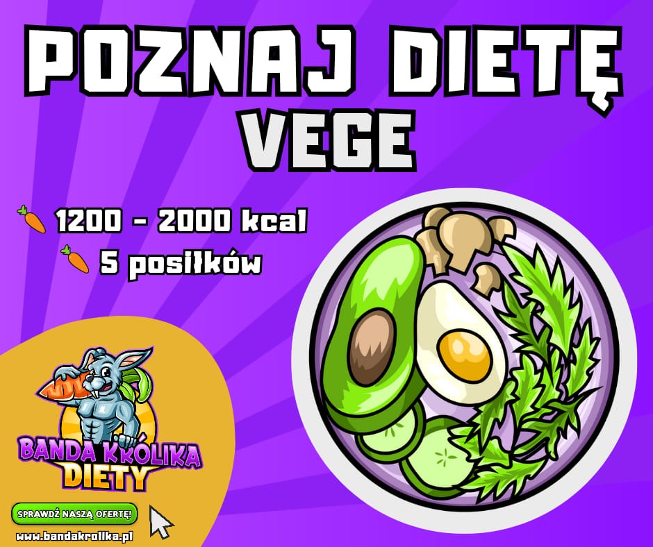 Grafika reklamowa diety wegetariańskiej z awokado, jajkiem, pieczarkami, ogórkiem i zieleniną w misce, z informacją o kaloryczności 1200-2000 kcal i 5 posiłkach, oraz logo 'Banda Królika Diety'.
