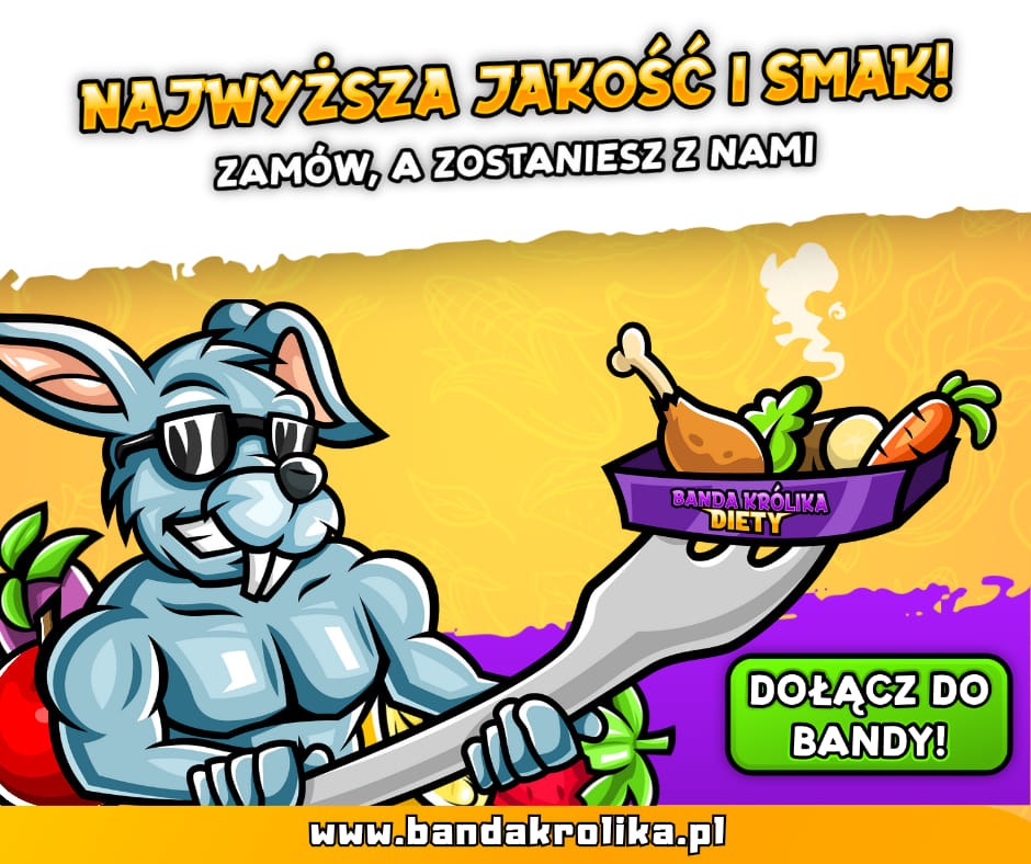 Kreskówkowy królik w okularach przeciwsłonecznych trzymający widelec z dietetycznym posiłkiem, logo Banda Królika Diety, napis 'Najwyższa jakość i smak! Zamów, a zostaniesz z nami', adres strony...