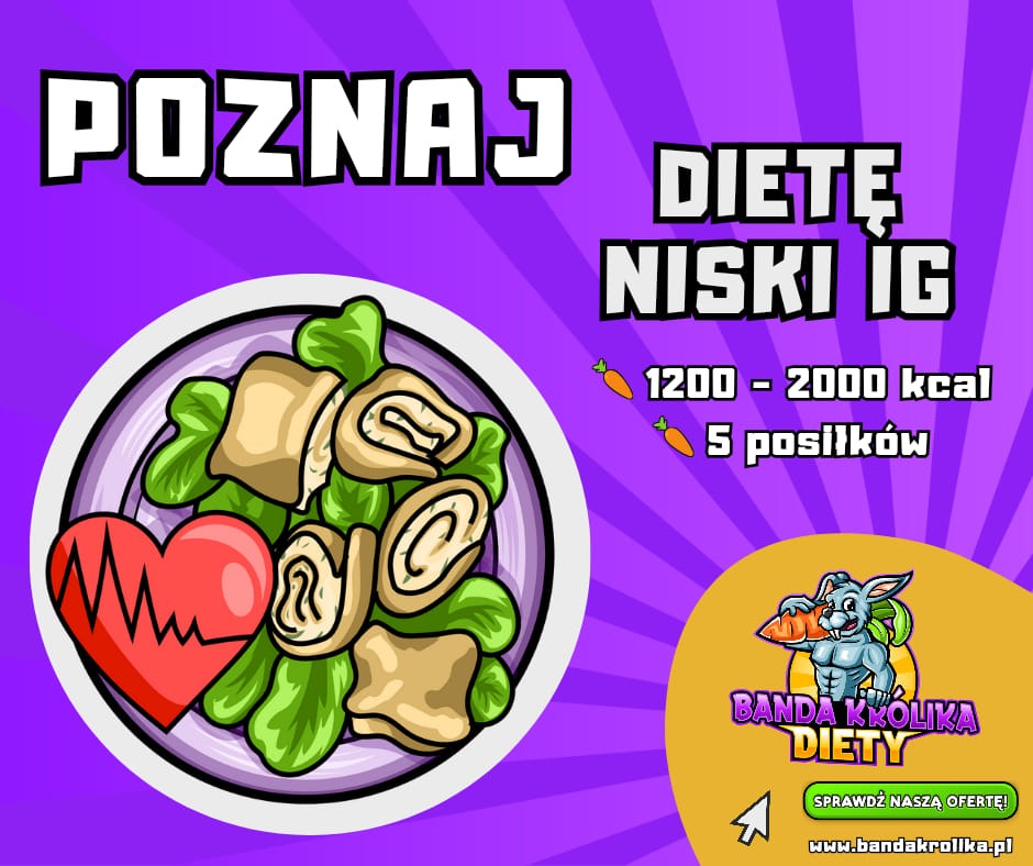 Grafika reklamowa: Talerz z roladkami, sałatą i sercem z linią życia, informacja o diecie niskiego IG, 1200-2000 kcal, 5 posiłków, logo 'Banda Królika Diety' i adres strony internetowej.