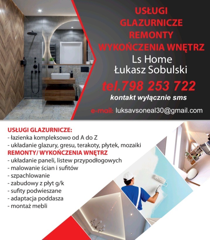 Reklama firmy remontowej Ls Home z wizualizacją nowoczesnej łazienki z drewnianą szafką pod umywalką, okrągłym lustrem z podświetleniem LED oraz panelem prysznicowym w kolorze czarnym. Na grafice...