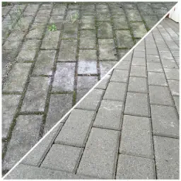 Porównanie stanu kostki brukowej przed i po czyszczeniu: po lewej stronie zabrudzona mchem i porostami, po prawej czysta, szara kostka.