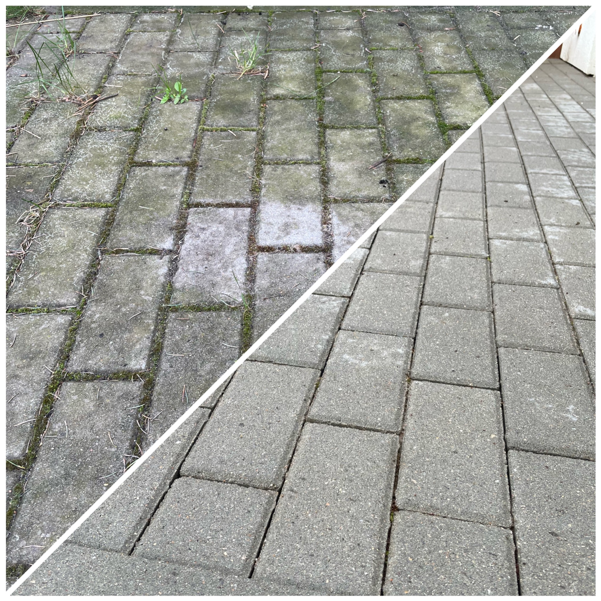 Porównanie stanu kostki brukowej przed i po czyszczeniu: po lewej stronie zabrudzona mchem i porostami, po prawej czysta, szara kostka.