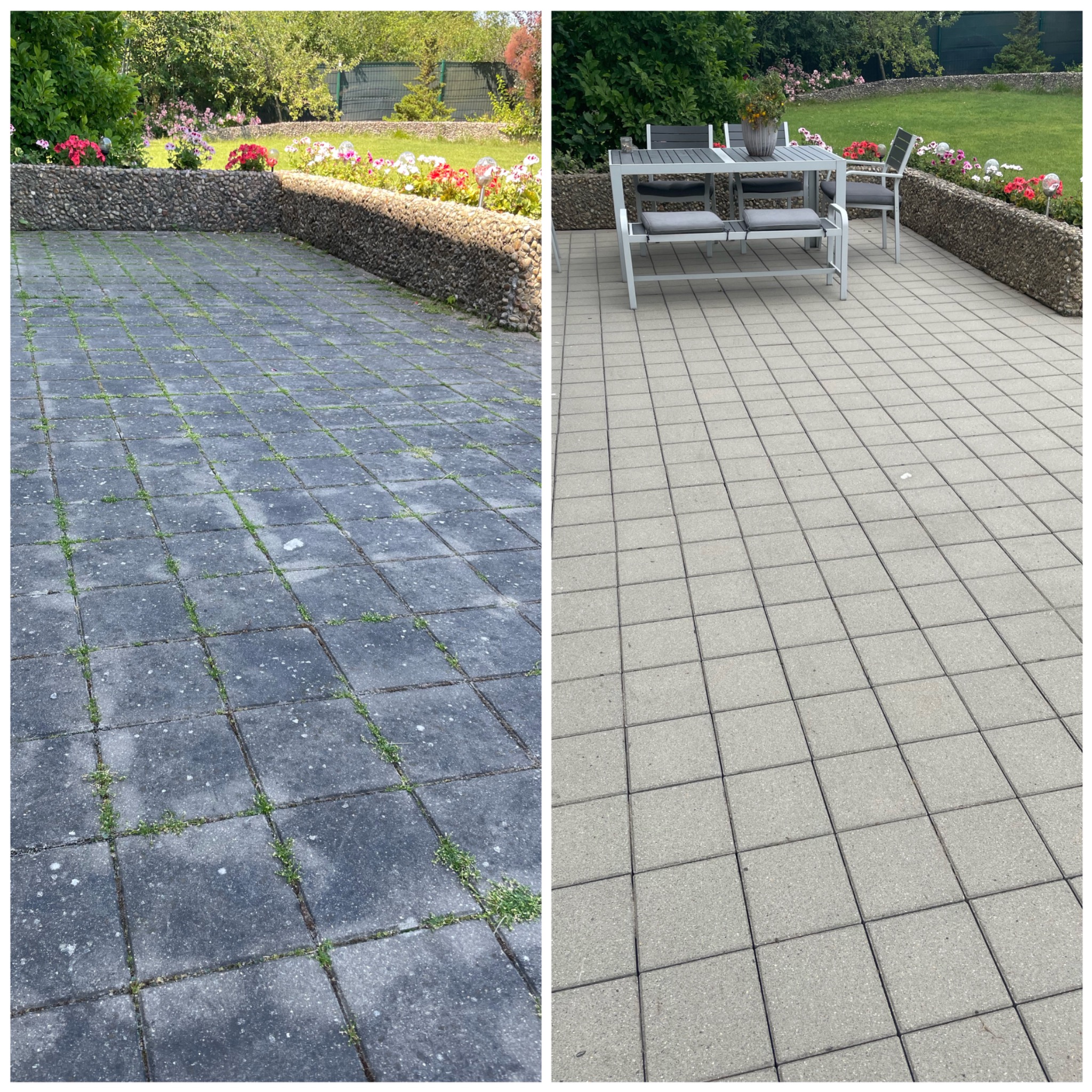 Porównanie kostki brukowej przed i po czyszczeniu, widoczne różnice w kolorze i usunięte chwasty spomiędzy fug.