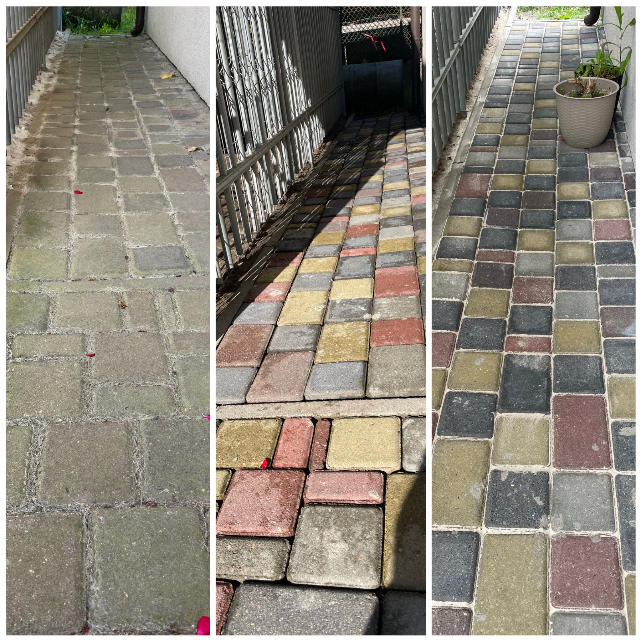 Fotografia kolażu przedstawia trzy etapy czyszczenia wielobarwnej kostki brukowej: przed, w trakcie i po zabiegu, z widoczną różnicą w czystości i intensywności kolorów, a w tle z prawej strony...