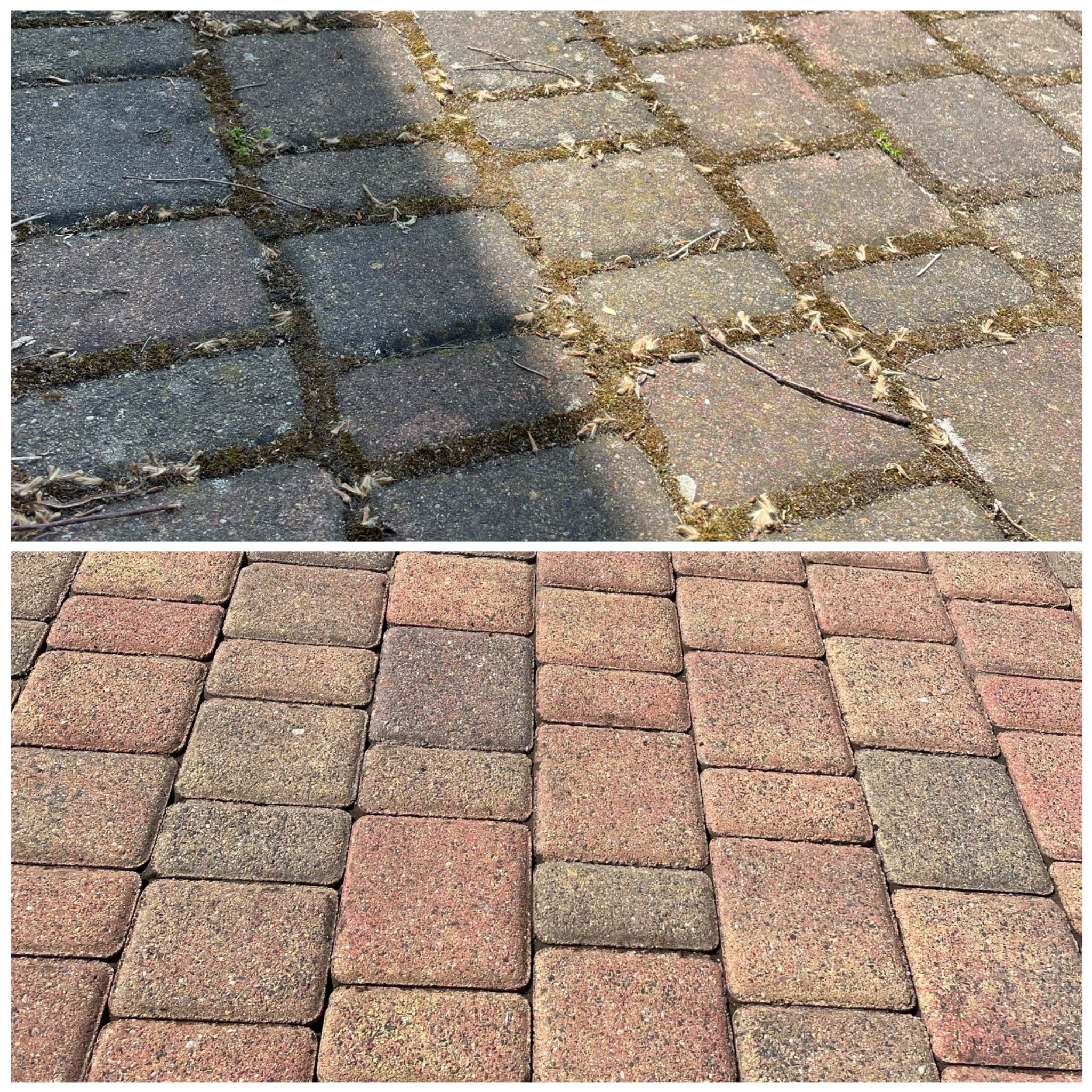 Porównanie kostki brukowej przed i po czyszczeniu: górna część z mchem i zabrudzeniami, dolna część czysta z odzyskanym kolorem.