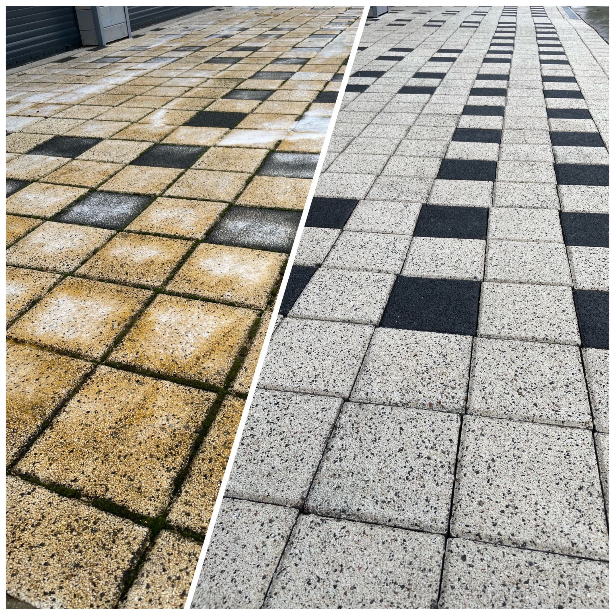 Porównanie kostki brukowej przed i po procesie czyszczenia: lewa strona pokryta brudem i mchem, prawa strona czysta z widocznym wzorem szachownicy.