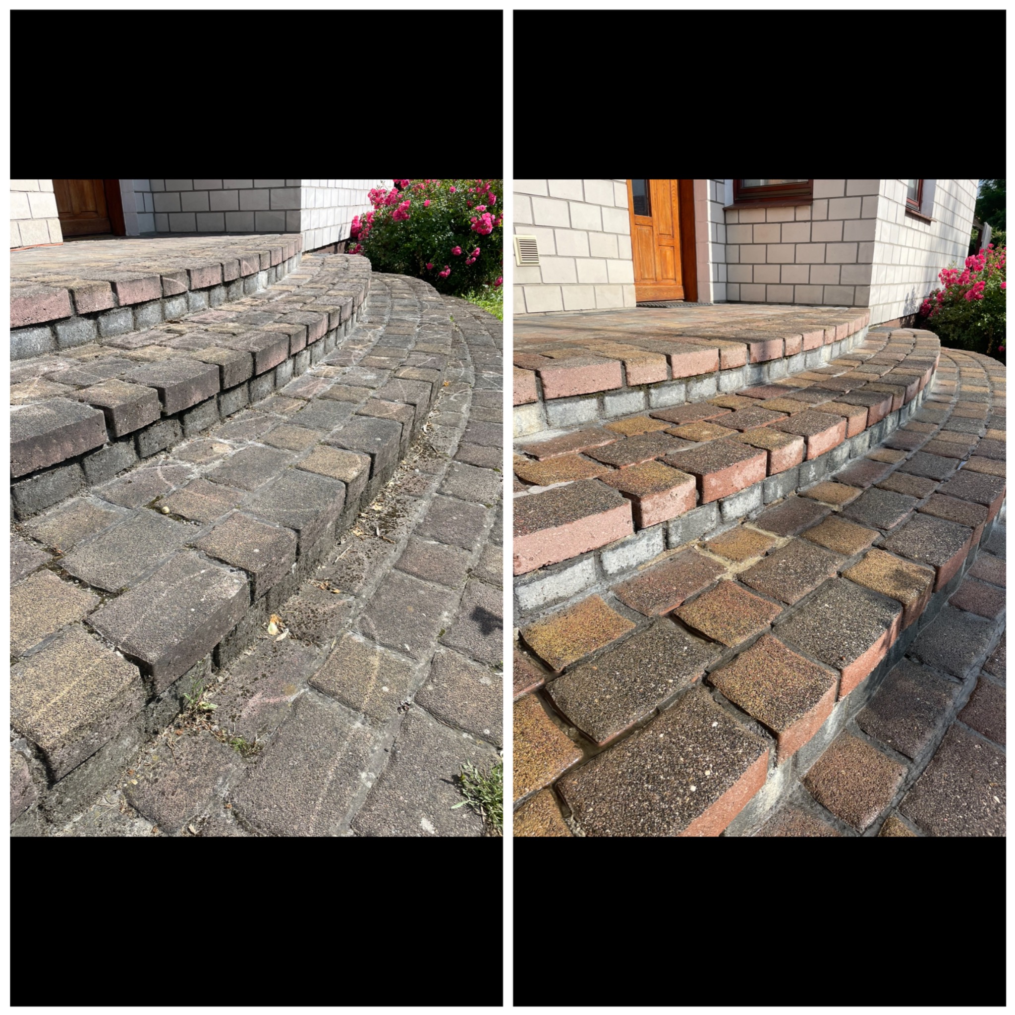 Porównanie stanu kostki brukowej przed i po czyszczeniu; po lewej stronie zabrudzona, porośnięta mchem, po prawej stronie czysta, mokra kostka brukowa prowadząca do wejścia domu.