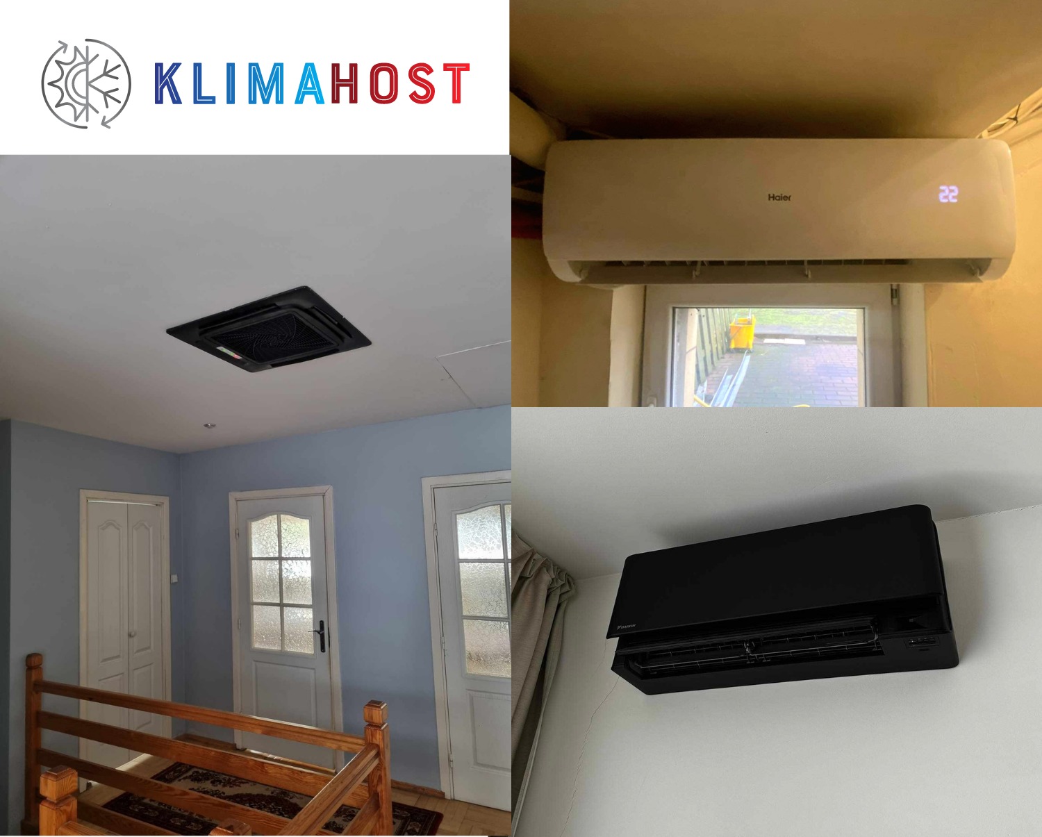 Kompozycja zdjęć klimatyzatorów: sufitowy kasetonowy, biały Haier nad oknem z wyświetloną temperaturą 22 stopnie, czarny Daikin na ścianie, oraz logo firmy Klimahost
