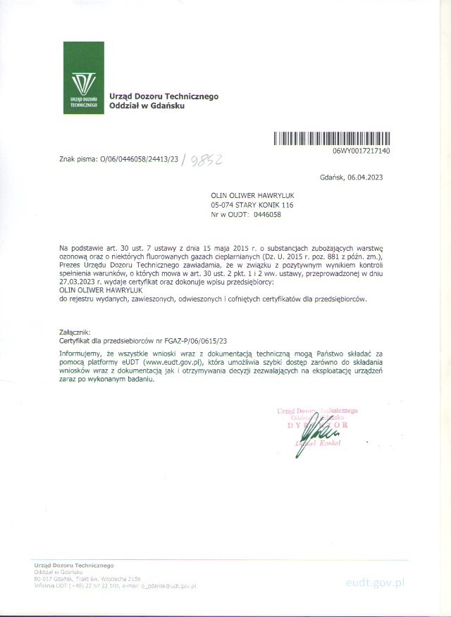 Skan dokumentu Urzędu Dozoru Technicznego w Gdańsku, informującego o wydaniu certyfikatu dla przedsiębiorcy w zakresie substancji zubożających warstwę ozonową i fluorowanych gazów cieplarnianych.