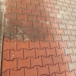 Adam Maksylewicz - Częściowo wyczyszczona, czerwona kostka brukowa typu I. Widoczna różnica w kolorze i czystości między umytą a brudną powierzchnią. Kątowy widok z góry.