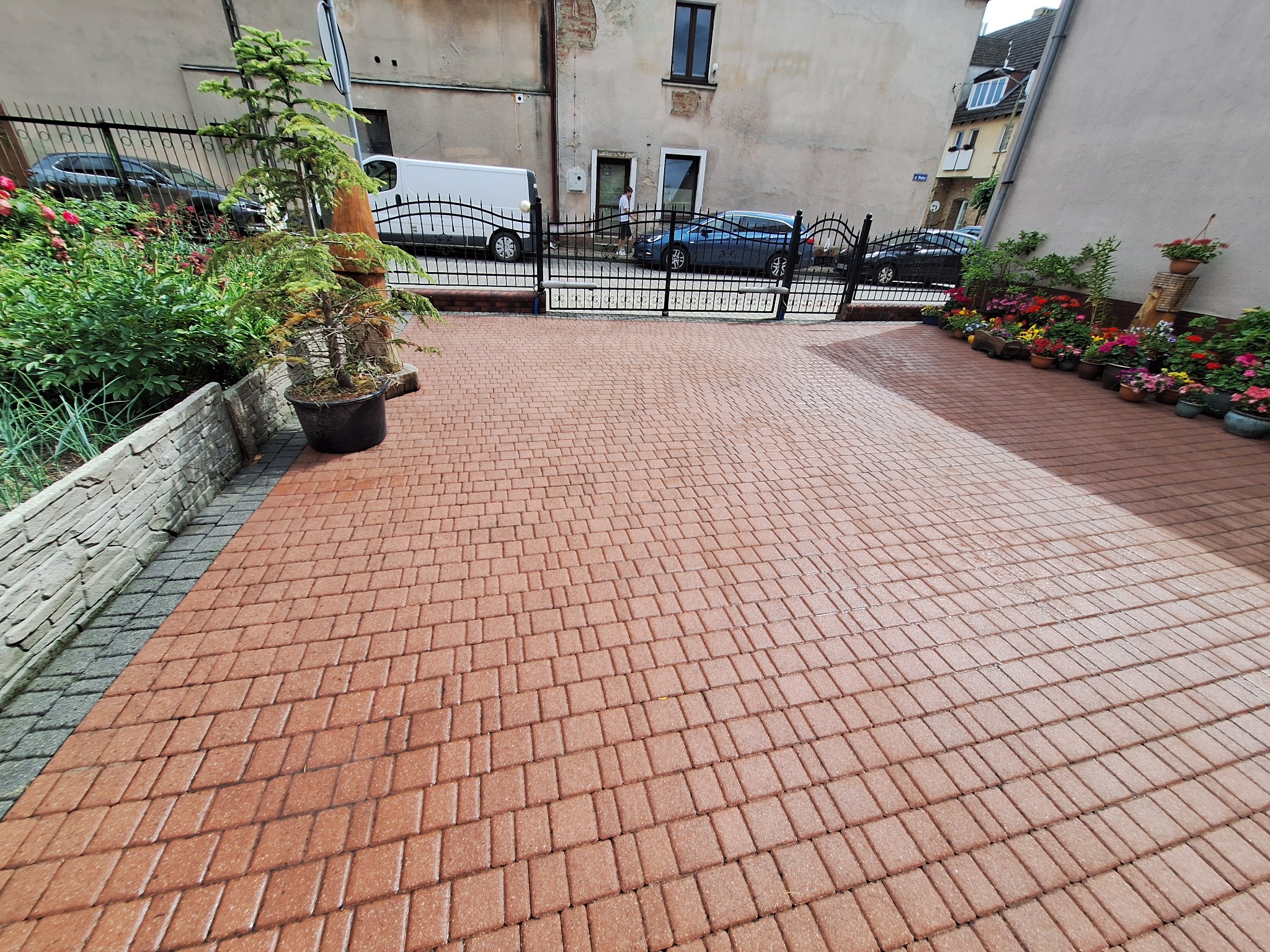 Czysta, czerwona kostka brukowa na podjeździe, otoczona zielenią i kwiatami w donicach. W tle brama z czarnego metalu i budynki mieszkalne.