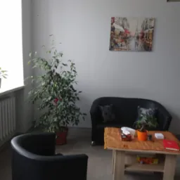 Poczekalnia z czarną sofą, fotelem i stolikiem kawowym z chusteczkami, roślinami w doniczkach i obrazem z motywem paryskim na ścianie.