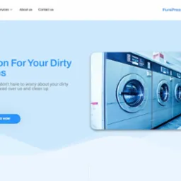 Projekt strony internetowej pralni chemicznej z rzędem pralek przemysłowych w tle, napis 'Solution For Your Dirty Clothes' i przycisk 'Get Started Now'.